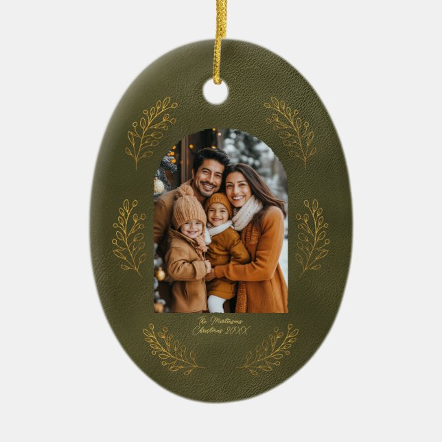 Elegant Arch Family Photo Leaves Green Christmas Ceramic Tree Decoration (Front)