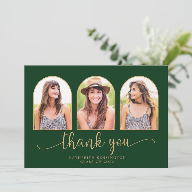 Elegant Arch Forest Green Gold 3 Photo Graduation Thank You Card (Standing Front)