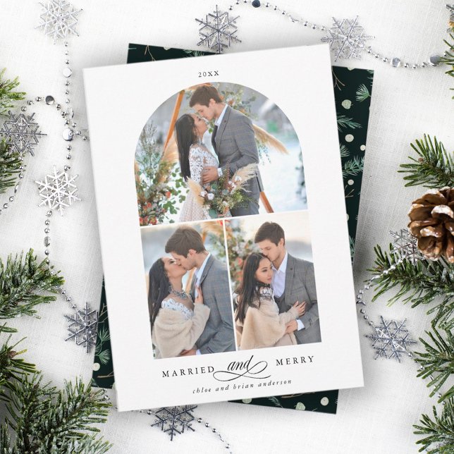 Elegant Arch Frame Married and Merry 3 Photo  Holiday Card (Front & Back)