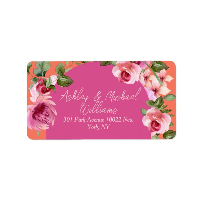 Elegant Arch Frame Pink and Orange Floral Wedding Label (Front)