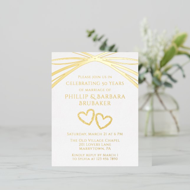 Elegant Arch Golden 50th Wedding Anniversary Party Foil Invitation Postcard (Standing Front)