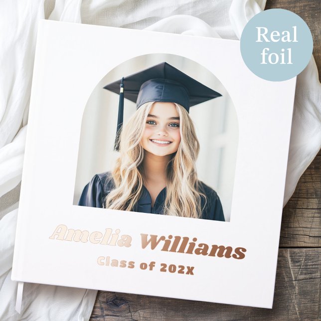 Elegant arch graduate photo retro name class white guest book (Elegant arch graduate photo retro name class white foil guest book)