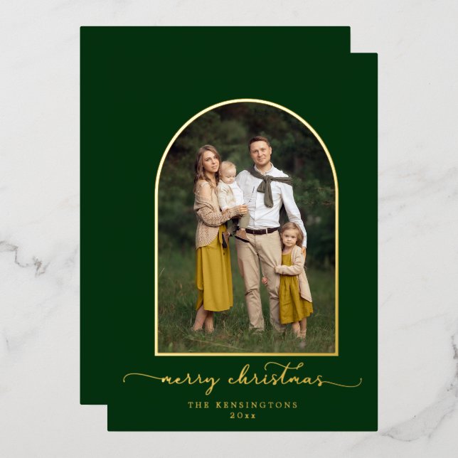 Elegant Arch Green Gold Christmas Photo (Front/Back)
