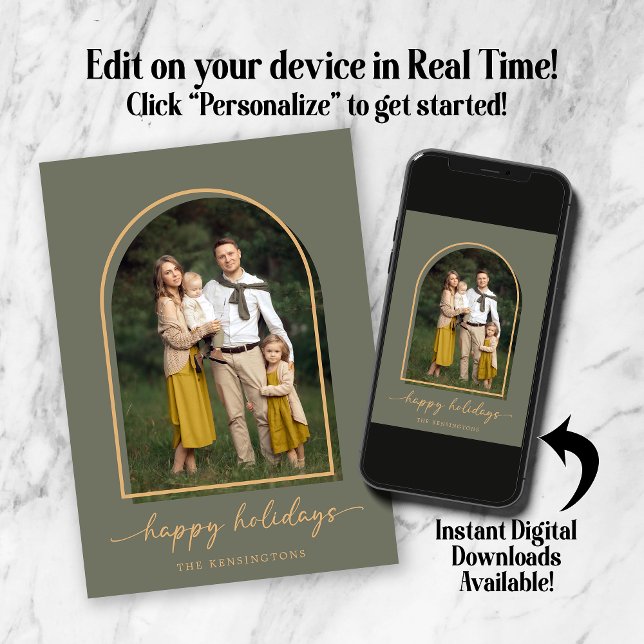 Elegant Arch Green Gold Holiday Photo (Elegant Arch Green Gold Holiday Photo Card. Personalize in real time! Instant downloads available!)