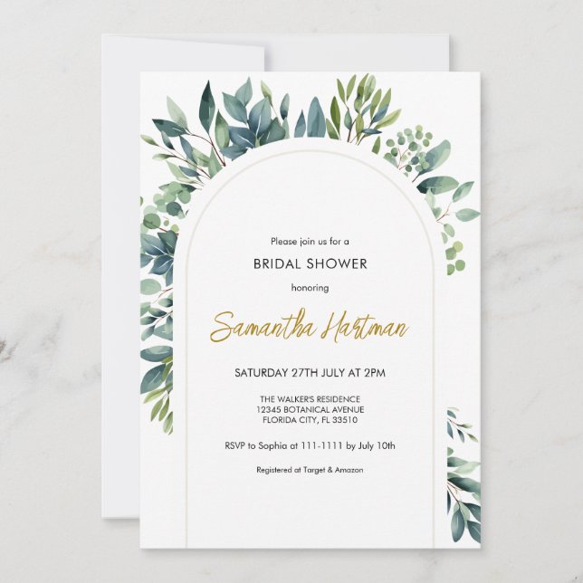 Elegant Arch Greenery Floral Foliage Bridal Shower Invitation (Front)
