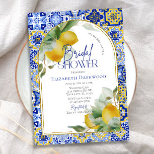 Elegant Arch Italian Blue Tile Lemon Bridal Shower Invitation
