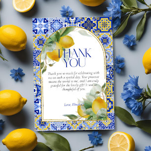 Elegant Arch Italian Blue Tile Lemon Bridal Shower Thank You Card