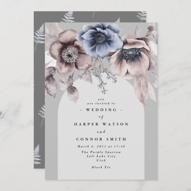Elegant Arch Light Winter Grey Floral Wedding Invitation (Front/Back)
