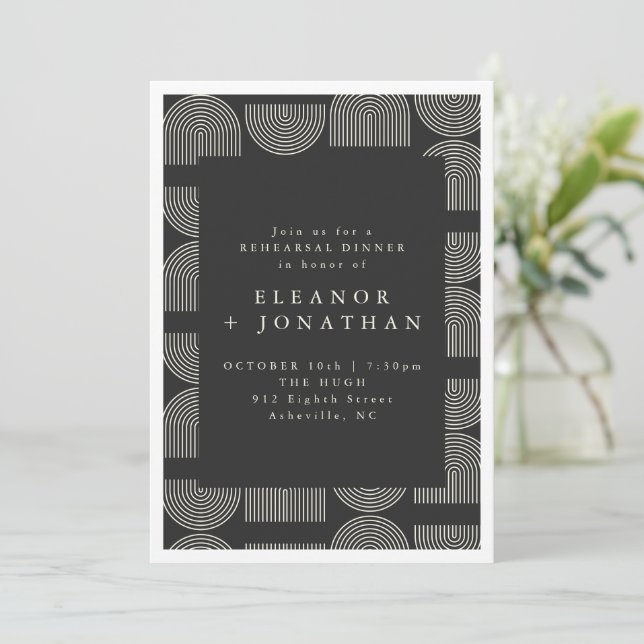 Elegant Arch Lines Black White Rehearsal Dinner Invitation (Standing Front)