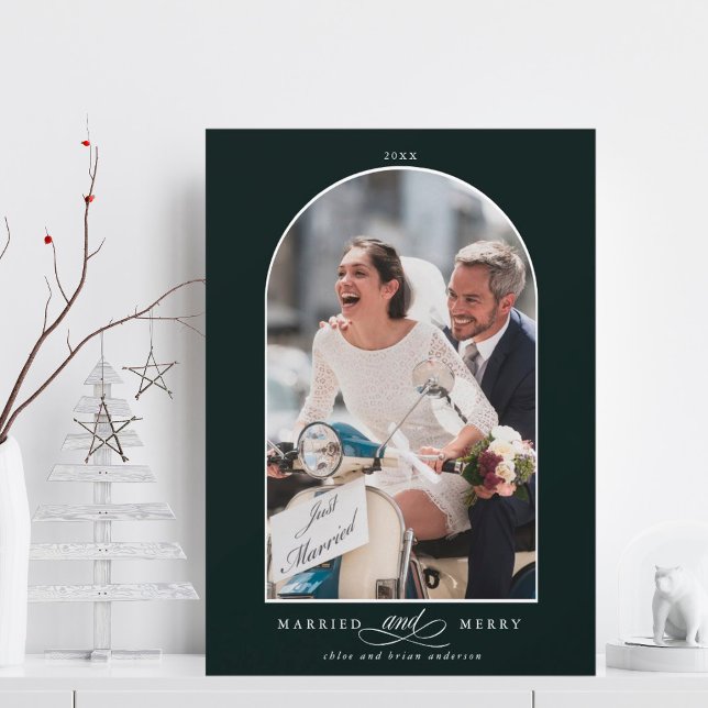 Elegant Arch Married and Merry Photo Deep Green   Holiday Card (Creator Uploaded)