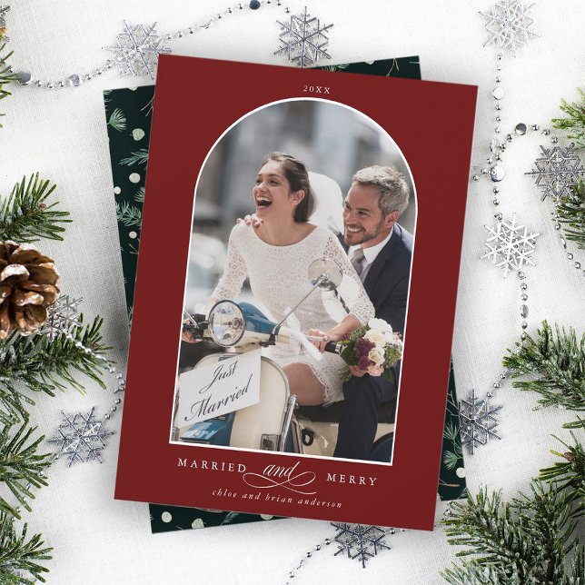 Elegant Arch Married and Merry Photo Red Holiday Card (Front & Back)