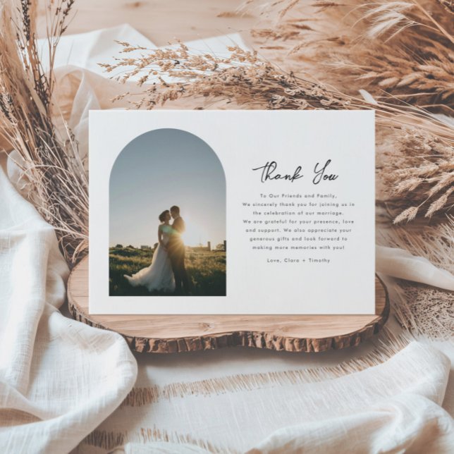 Elegant Arch Minimal Script Photo Wedding Thank You Card (Creator Uploaded)