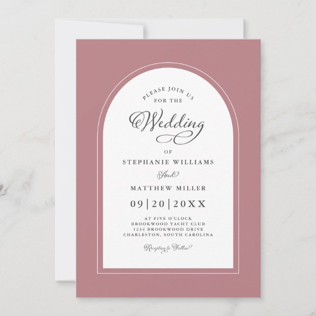 Elegant Arch Modern Calligraphy Wedding Dusty Rose Invitation (Front)