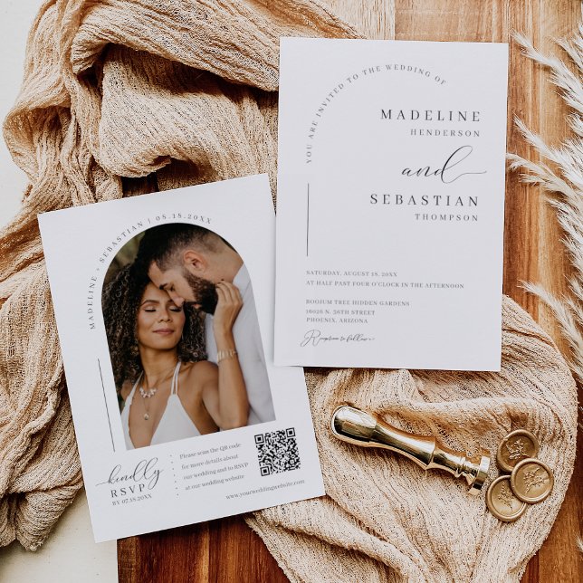 Elegant Arch Modern Minimal Wedding QR Code Photo  Invitation (Creator Uploaded)
