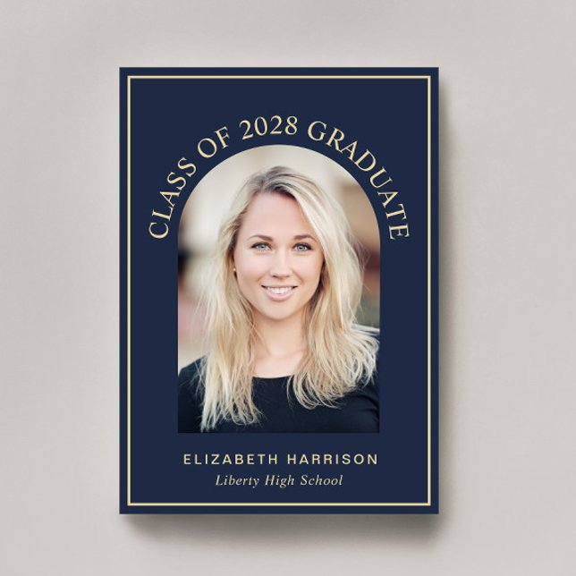 Elegant Arch Photo Blue Gold Graduation Announcement (An elegant arch photo graduation announcement to celebrate the graduate's achievements)