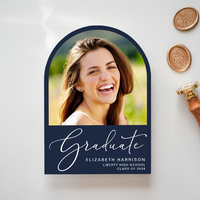 Elegant Arch Photo Blue Graduation Announcement (An elegant arch-shaped graduation announcement to celebrate the graduate's achievements)