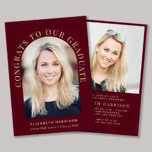 Elegant Arch Photo Burgundy Gold Graduation Party Invitation
