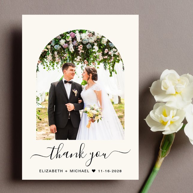 Elegant Arch Photo Cream Wedding Thank You Card (Celebrate your love story with a thank you card showcasing your photo in an elegant arch frame)