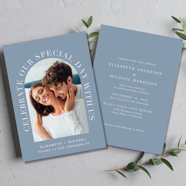 Elegant Arch Photo Dusty Blue Wedding Invitation (Creator Uploaded)