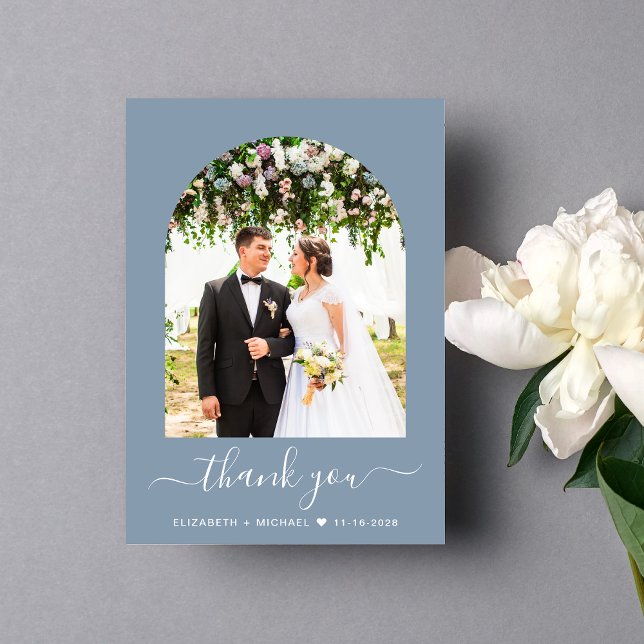 Elegant Arch Photo Dusty Blue Wedding Thank You Card (Celebrate your love story with a thank you card showcasing your photo in an elegant arch frame)