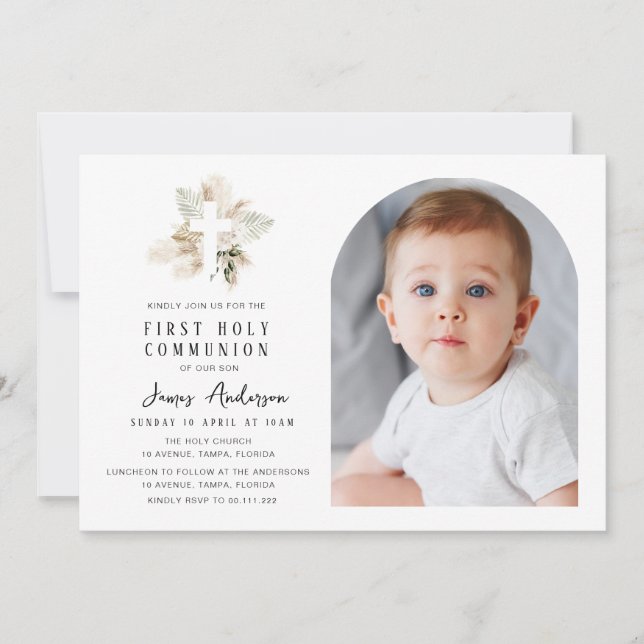 Elegant arch photo first holy communion invitation (Front)