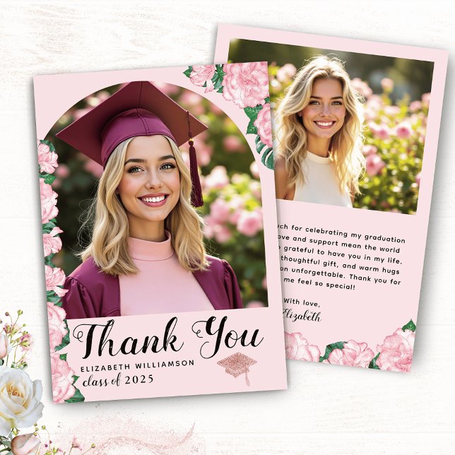 Elegant Arch Photo Floral Pink Graduation Thank You Card (Creator Uploaded)