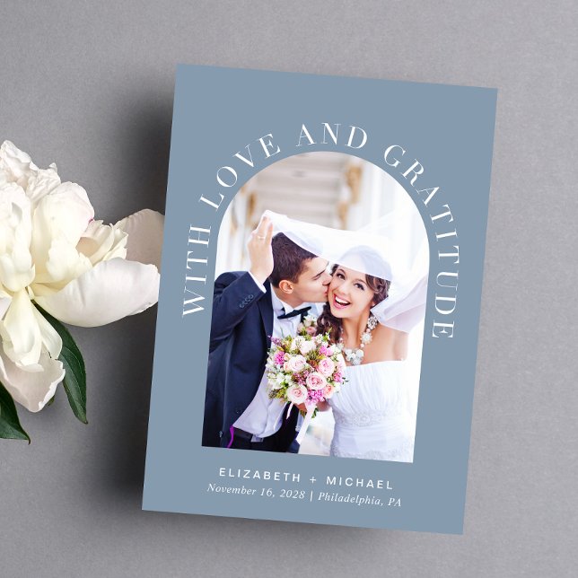 Elegant Arch Photo Love Gratitude Wedding Thank You Card (Celebrate your love story with a thank you card showcasing your photo in an elegant arch frame)