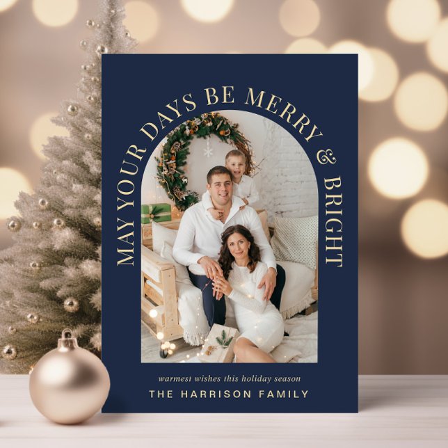 Elegant Arch Photo Merry Bright Blue Christmas Holiday Card (Share the love and warmth of the season with an elegant arch photo Christmas card)