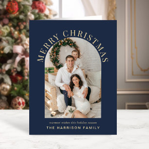 Elegant Arch Photo Merry Christmas Blue Holiday Card