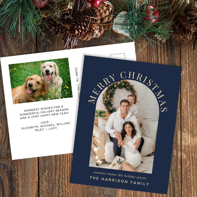 Elegant Arch Photo Merry Christmas Blue Holiday Postcard (Creator Uploaded)