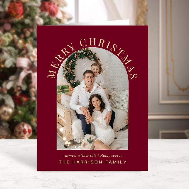 Elegant Arch Photo Merry Christmas Burgundy Holiday Card (Share the love and warmth of the season with an elegant arch photo Christmas card)