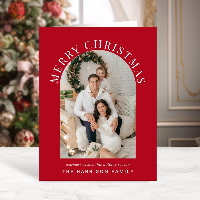 Elegant Arch Photo Merry Christmas Red Holiday Card (Share the love and warmth of the season with an elegant arch photo Christmas card)