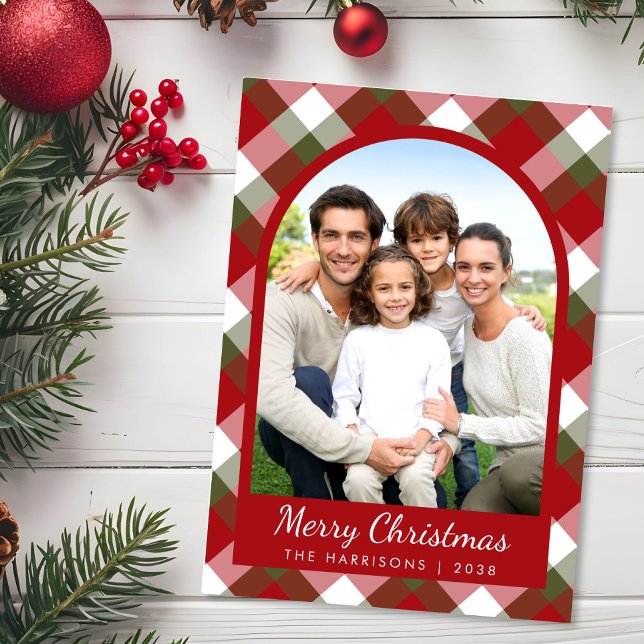 Elegant Arch Photo Plaid Christmas Holiday Card (Creator Uploaded)