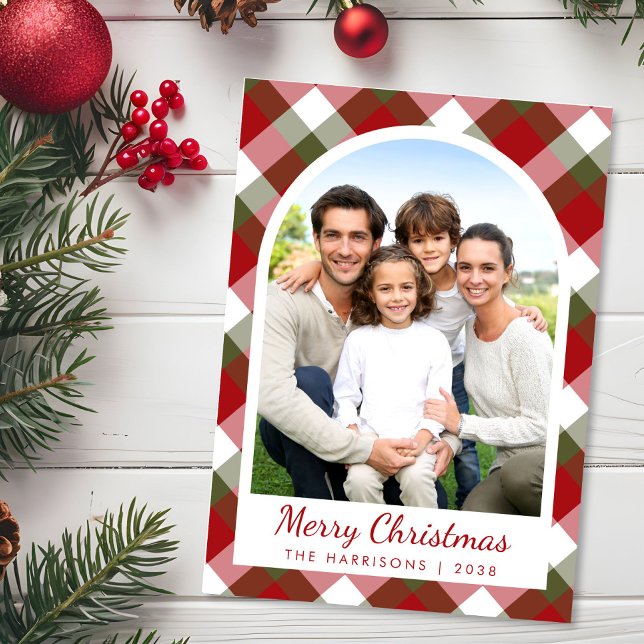Elegant Arch Photo Plaid Christmas Holiday Card (Creator Uploaded)