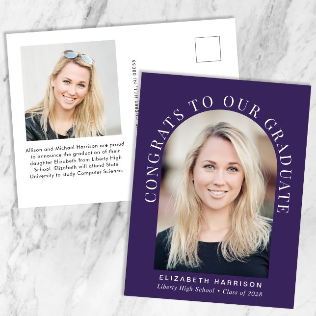 Elegant Arch Photo Purple Graduation Announcement Postcard (Creator Uploaded)