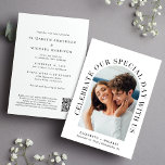 Elegant Arch Photo QR Code All In One Wedding Invitation<br><div class="desc">Modern wedding invitation featuring your photo in an arched frame surrounded by "Celebrate Our Special Day With Us" in elegant typography. Under your photo, add your first names, wedding date and location. On the reverse side, personalise your invitation in simple typography and input your wedding website address to create a...</div>