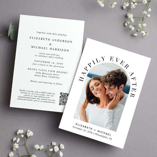Elegant Arch Photo QR Code All In One Wedding Invitation (Celebrate your love story with an invitation showcasing your favorite photo in an elegant arch frame)