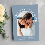 Elegant Arch Photo QR Code Dusty Blue Save The Date<br><div class="desc">Modern dusty blue wedding save the date card featuring your photo in an arched frame surrounded by "Please Save The Date" in elegant white text. Under your photo, add your first names, wedding date and location. On the reverse side, personalise the save the date details in simple white typography and...</div>