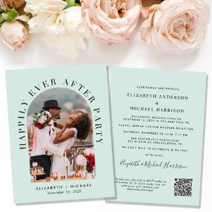 Elegant Arch Photo QR Code Mint Wedding Reception Invitation