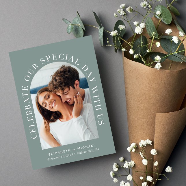 Elegant Arch Photo QR Code Sage All In One Wedding Invitation (Celebrate your love story with an invitation showcasing your favorite photo in an elegant arch frame)