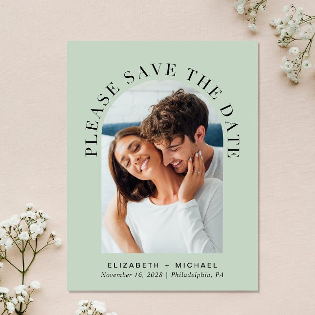 Elegant Arch Photo QR Code Sage Save The Date Announcement Postcard (Celebrate your love story with a save the date showcasing your photo in an elegant arch frame)