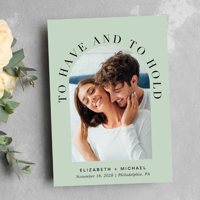 Elegant Arch Photo Sage Green Wedding Invitation (Celebrate your love story with an invitation showcasing your favorite photo in an elegant arch frame)