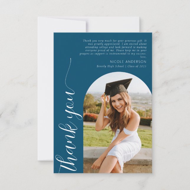 Elegant Arch Photo Script Graduation Teal Blue Thank You Card (Front)