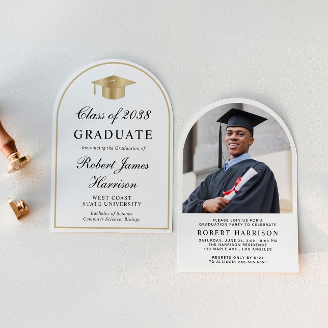 Elegant Arch Photo White Gold Graduation Party Invitation (An elegant arch-shaped college graduation party invitation to celebrate the graduate's achievements)