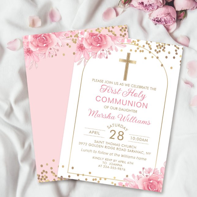 Elegant Arch Pink Gold Floral First Holy Communion Invitation (Creator Uploaded)