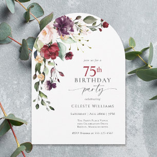 Elegant Arch Red and Purple Floral 75th Birthday Invitation