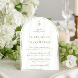 Elegant Arch Sage Green & Beige Stripe Wedding Invitation
