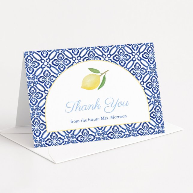 Elegant Arch Shape Amalfi Lemons Bridal Shower Thank You Card (Lemons thank you card with blue tiles and modern arch detail)