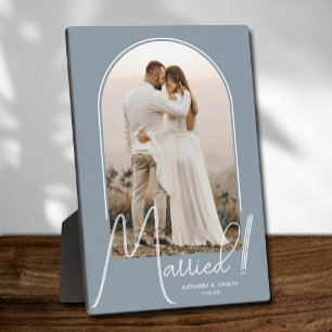Elegant Arch Wedding Photo Dusty Blue Plaque