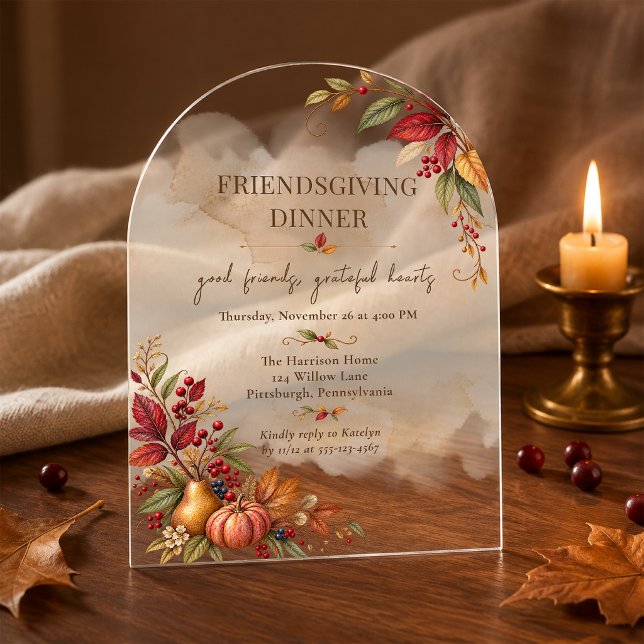 Elegant Arched Botanical Friendsgiving Dinner Acrylic Invitations (Elegant Arched Botanical Friendsgiving Dinner Acrylic Invitations)